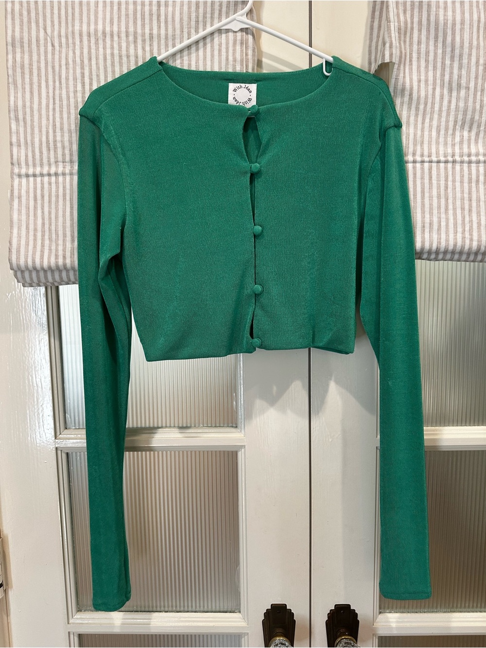 With Jean Emerald Green Cropped Button-Up Cardigan